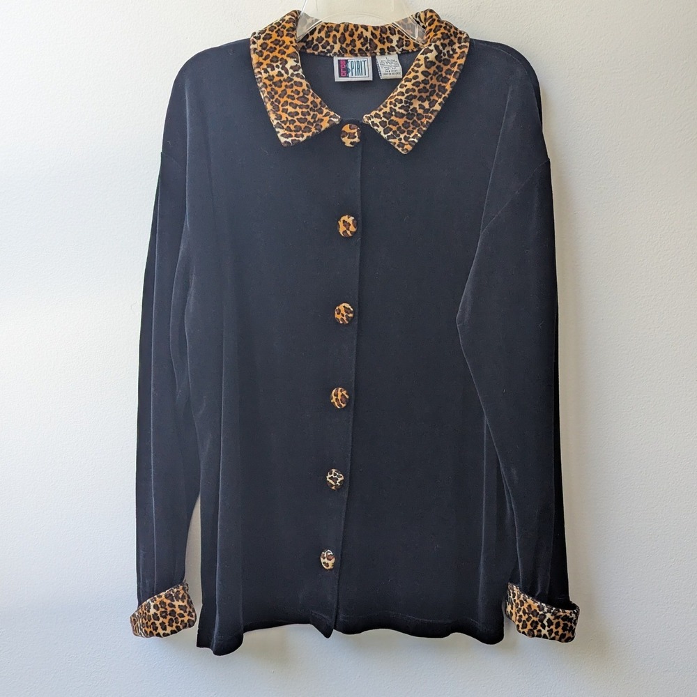 Vtg Velour Top Black Leopard Print Trim Button Up Lg Soft Chic Bold 90s Velvet